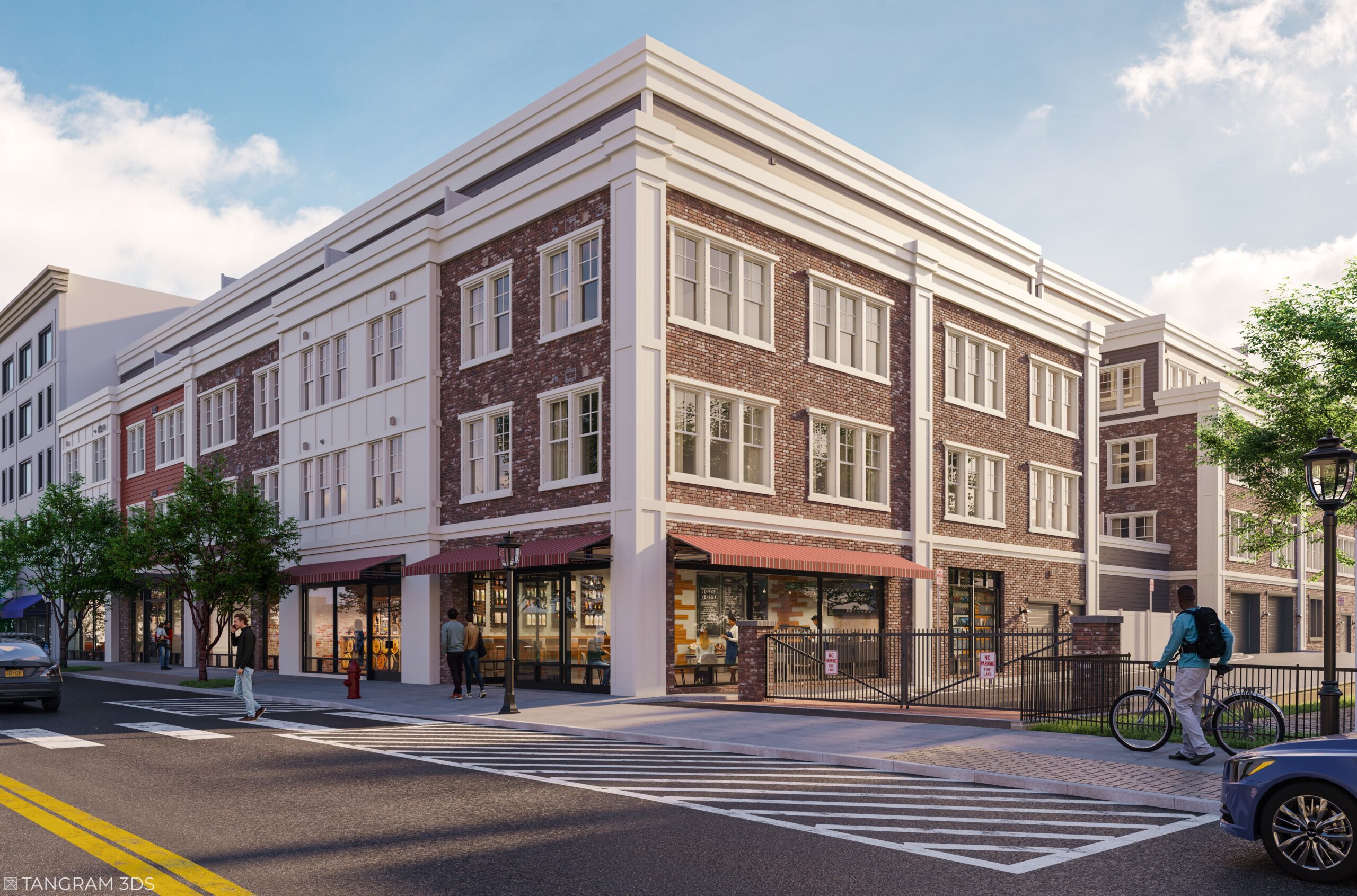 A three-story building drawing that will hold apartments and storefronts below