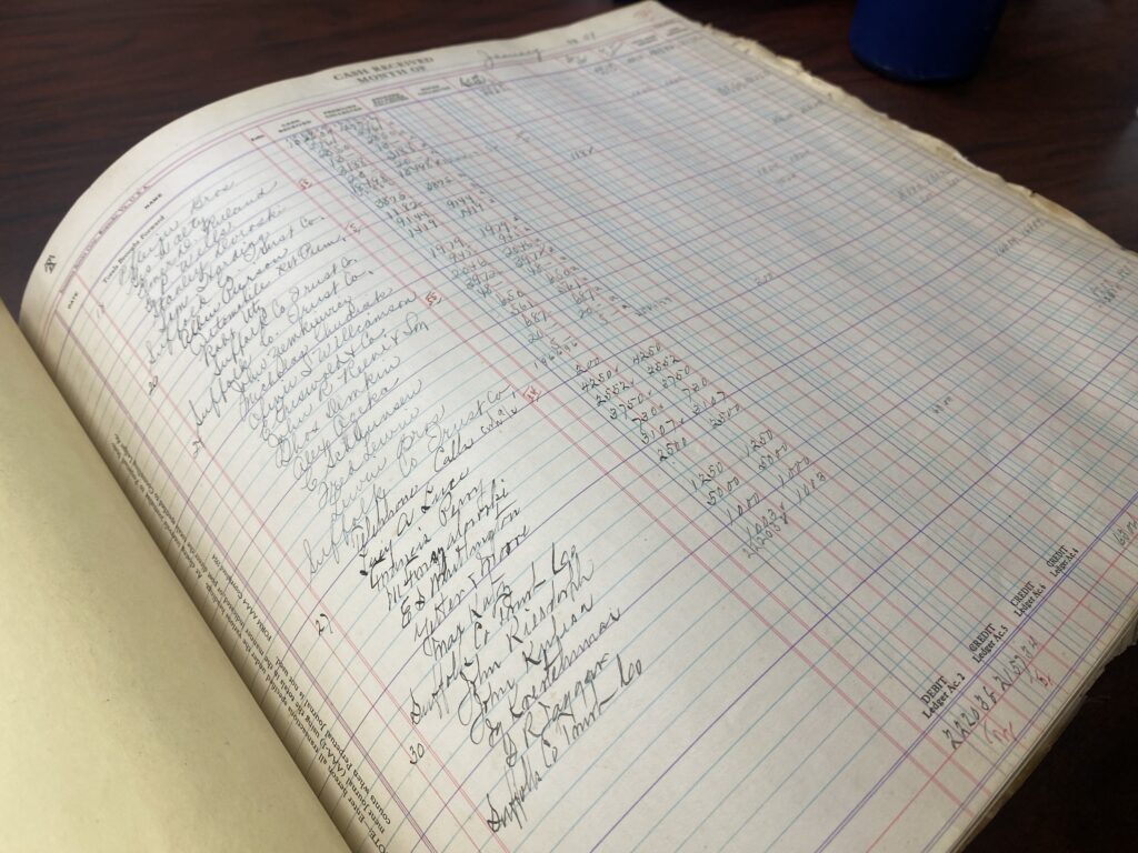 Ledger with handwritten entries for "CASH RECEIVED MONTH OF" and names.