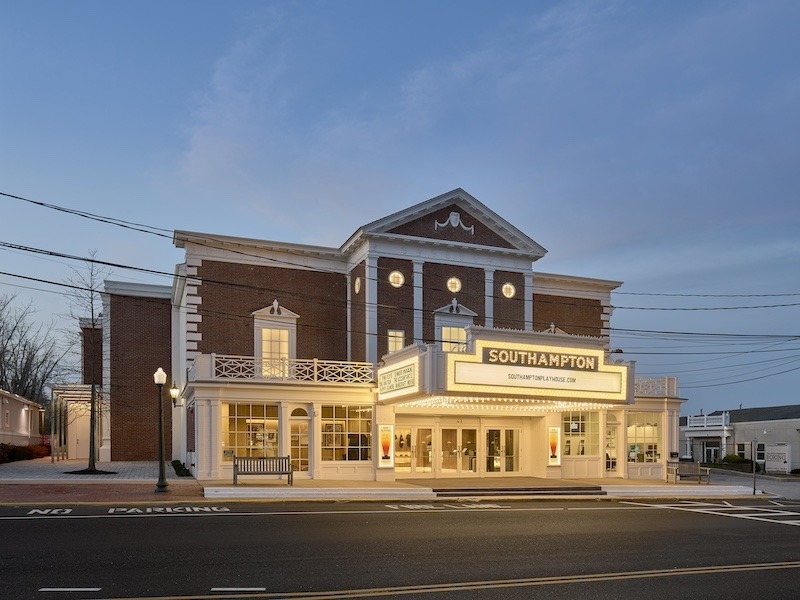 Southampton Playhouse theater with marquee displaying "SOUTHAMPTON" and "SOUTHAMPTONPLAYHOUSE.COM".