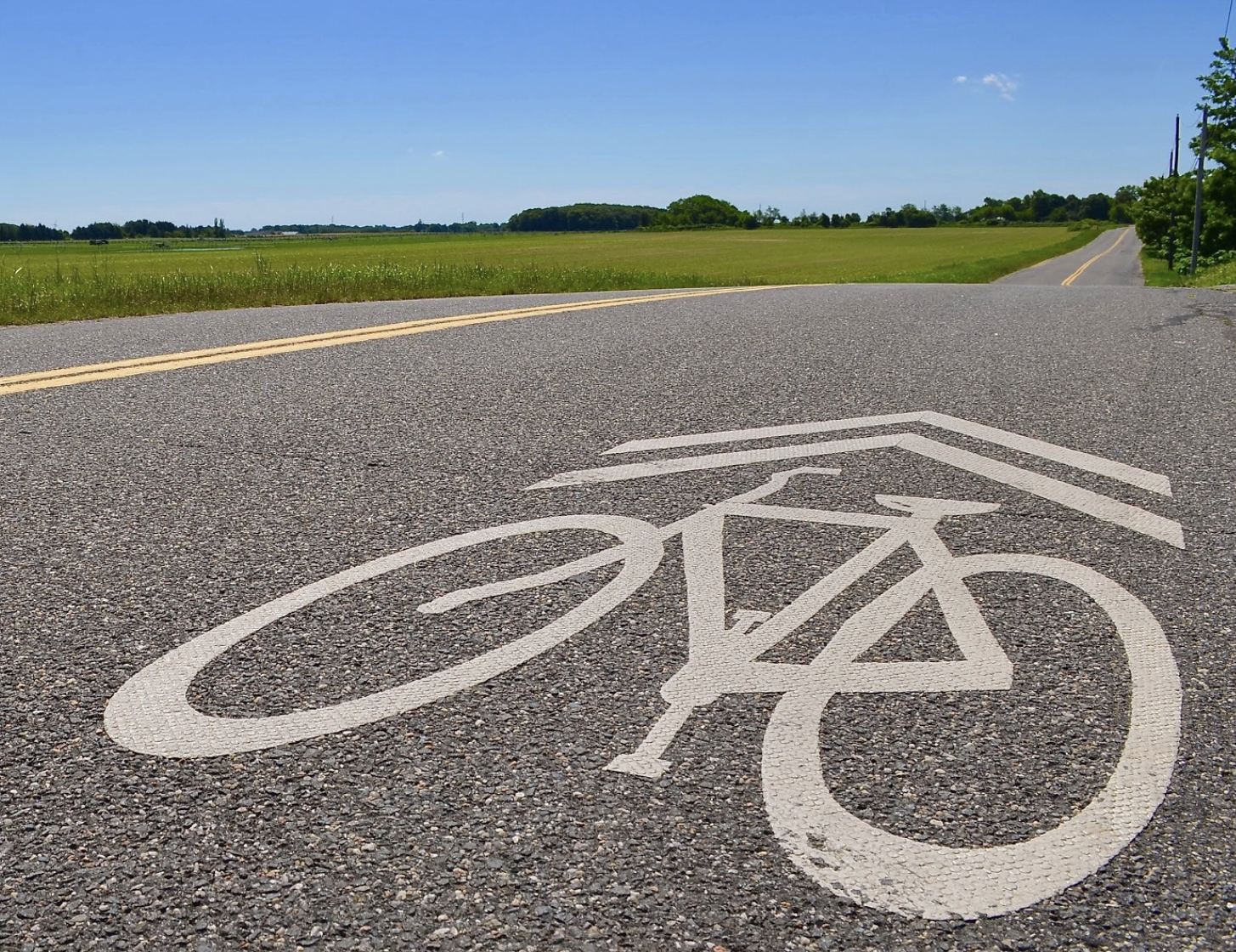 A bicycle drawn on the road denotes the bike lane on Main Road in Riverhead.
