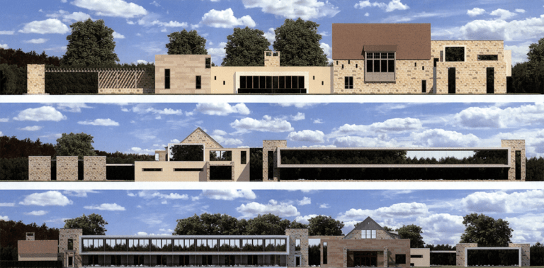 Renderings showing the main building of The Enclaves from three different angles.