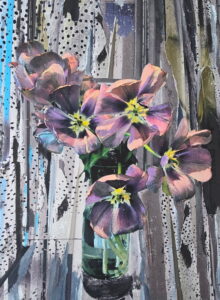 Mixed media abstract artwork by Andrea Thompson showing dot patterns and lines behind purple and yellow flowers