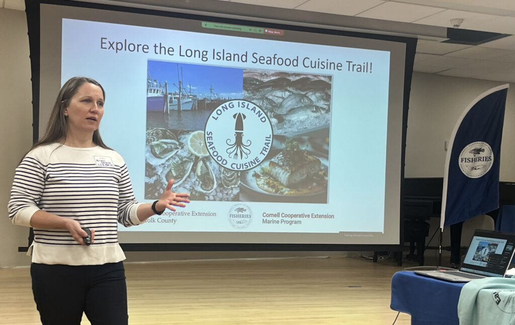 Kristen Gerbino of CCE's Marine Program discusses the Long Island Cuisine Seafood Trail. (Photo Credit: Stephanie Villani)