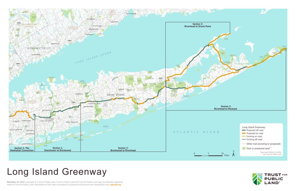 Map of the Long Island Greenway, showing proposed and existing routes.